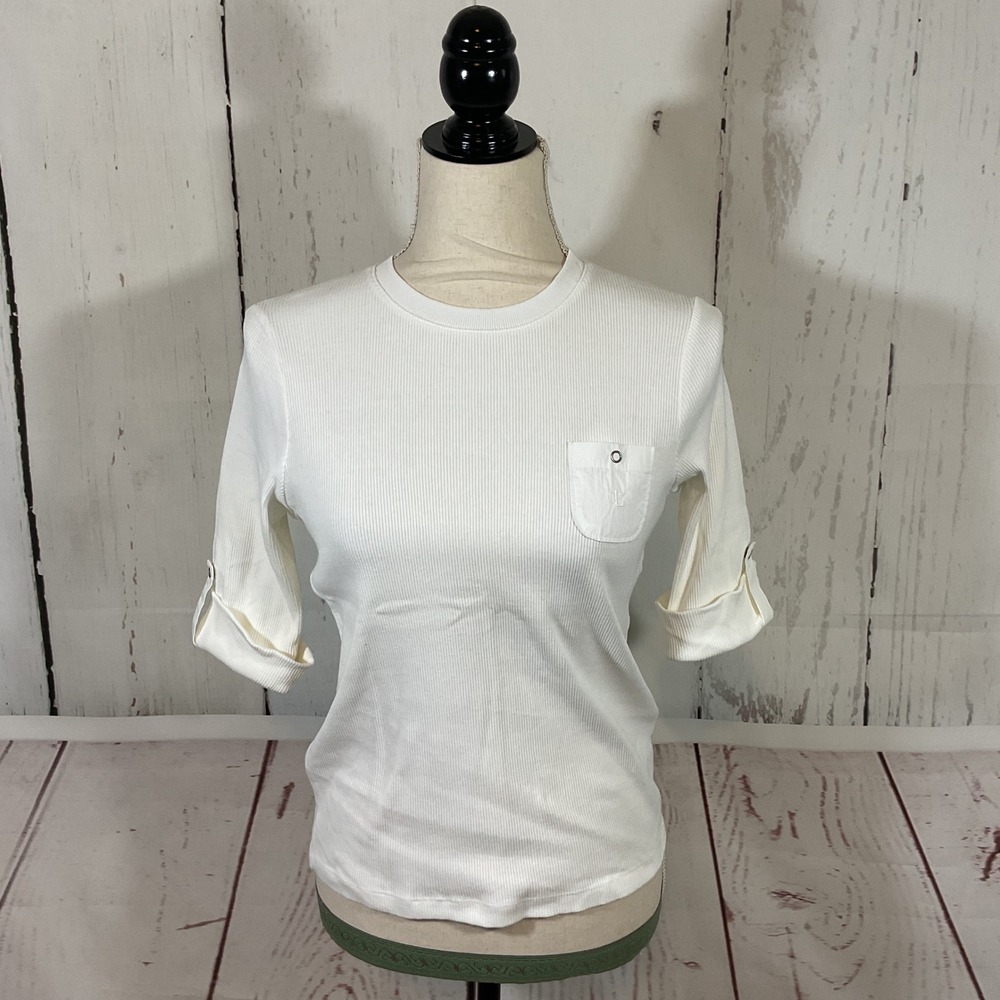 VTG Lauren Ralph Lauren Ribbed Henley Thermal Top S Roll Tab Sleeve Pocket Y2K